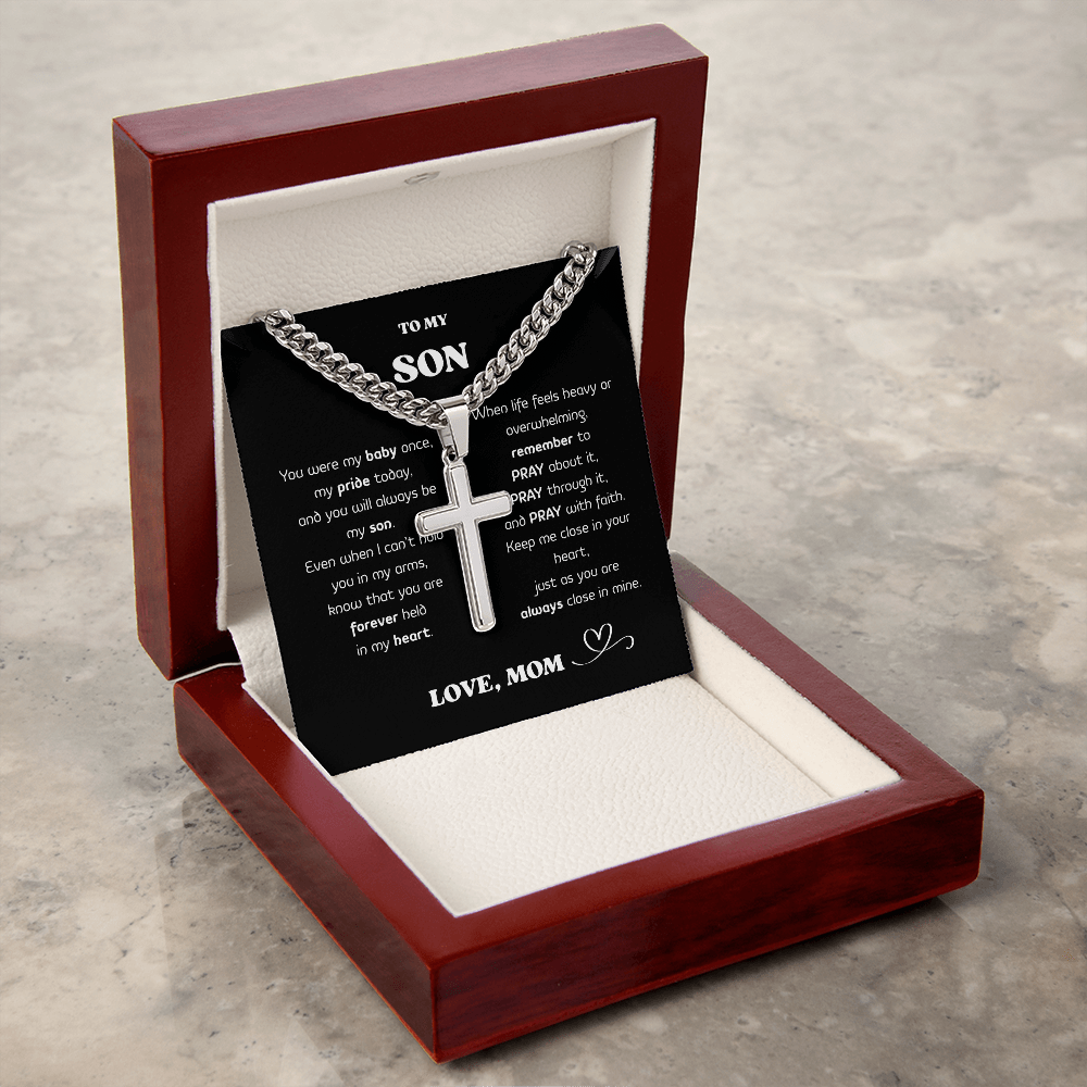 “To My Son” Cross Necklace – Stainless Steel Faith Pendant, Gift Box & Message Card, Birthday • Christmas • Valentine's Day Gift