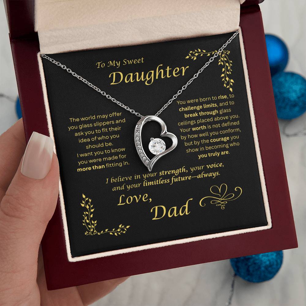 The world may ask her to fit in… I want my daughter to rise and break ceilings. Heart and Crystals necklace. Black card design