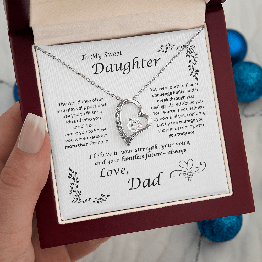 The world may ask her to fit in… I want my daughter to rise and break ceilings. Heart and Crystals necklace. White card design