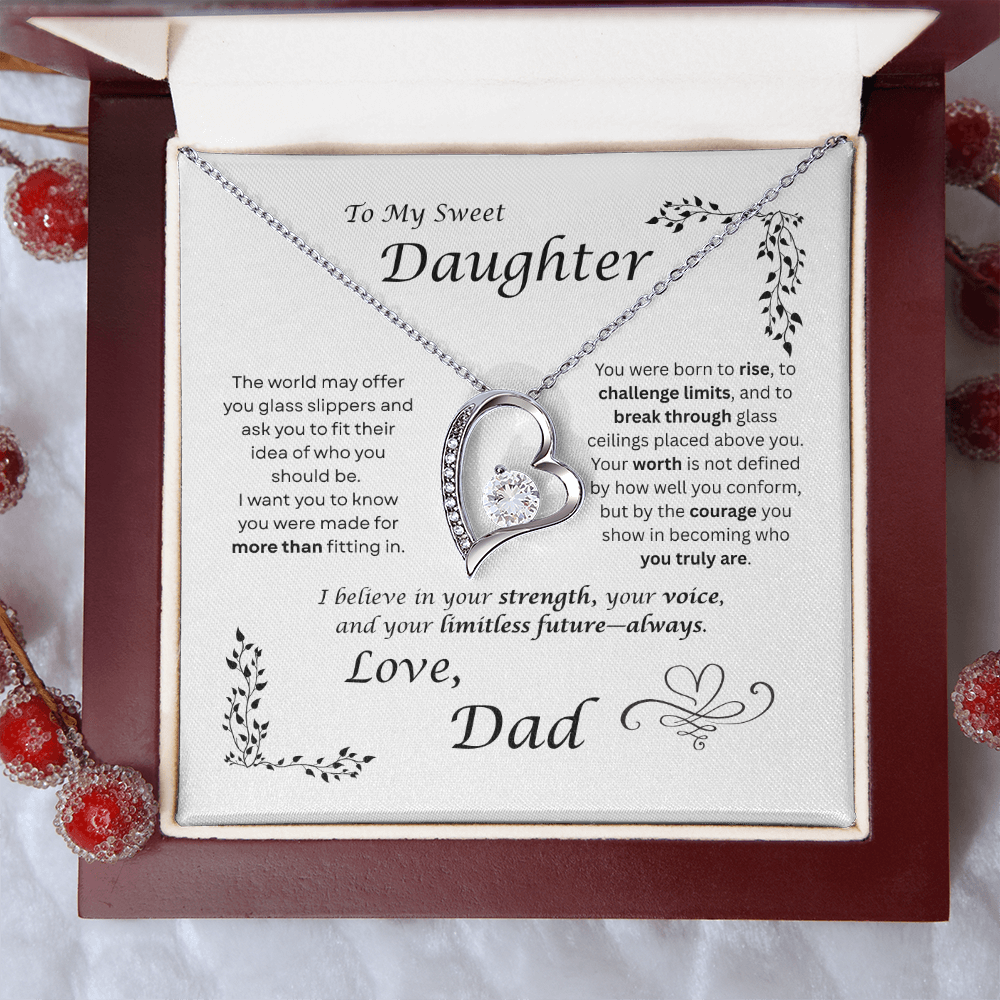 The world may ask her to fit in… I want my daughter to rise and break ceilings. Heart and Crystals necklace. White card design
