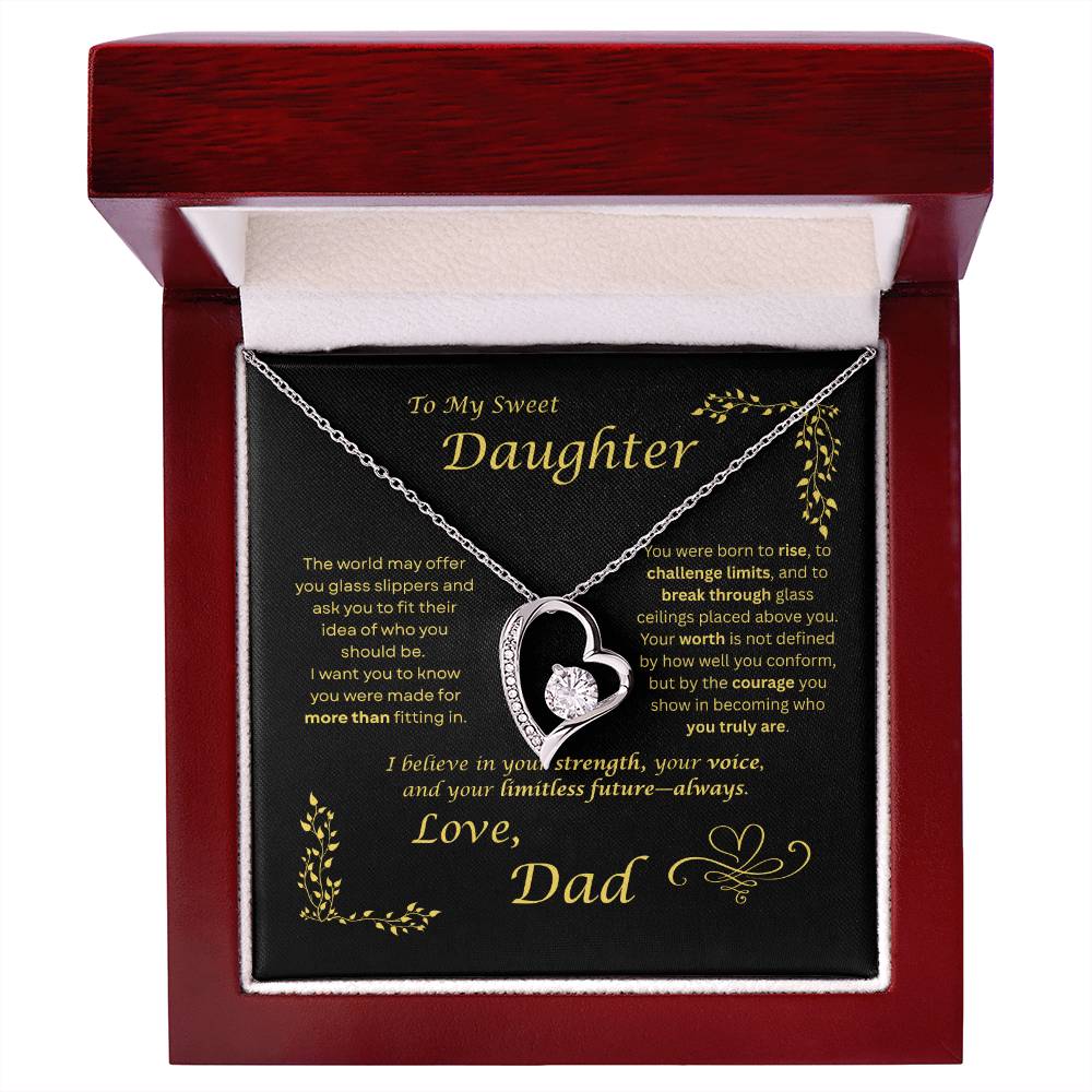 The world may ask her to fit in… I want my daughter to rise and break ceilings. Heart and Crystals necklace. Black card design