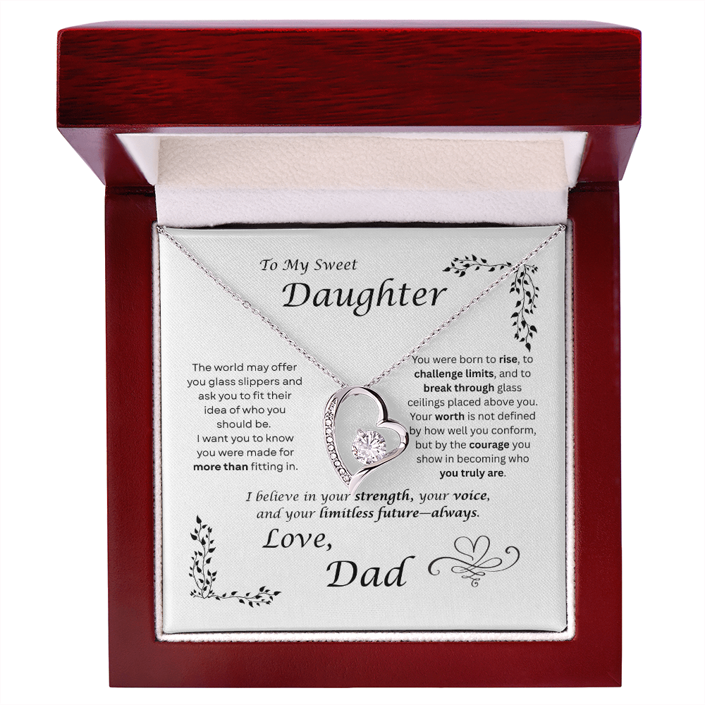 The world may ask her to fit in… I want my daughter to rise and break ceilings. Heart and Crystals necklace. White card design