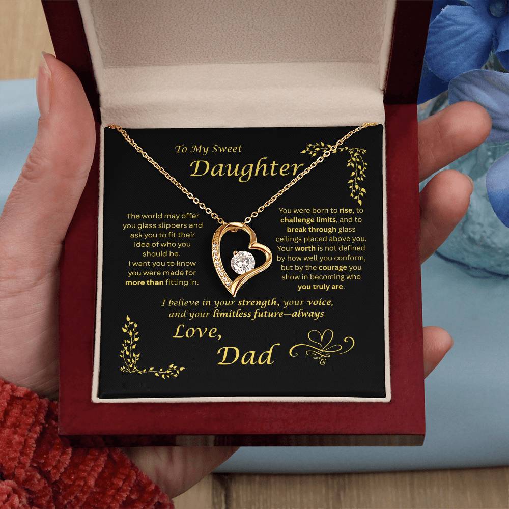 The world may ask her to fit in… I want my daughter to rise and break ceilings. Heart and Crystals necklace. Black card design