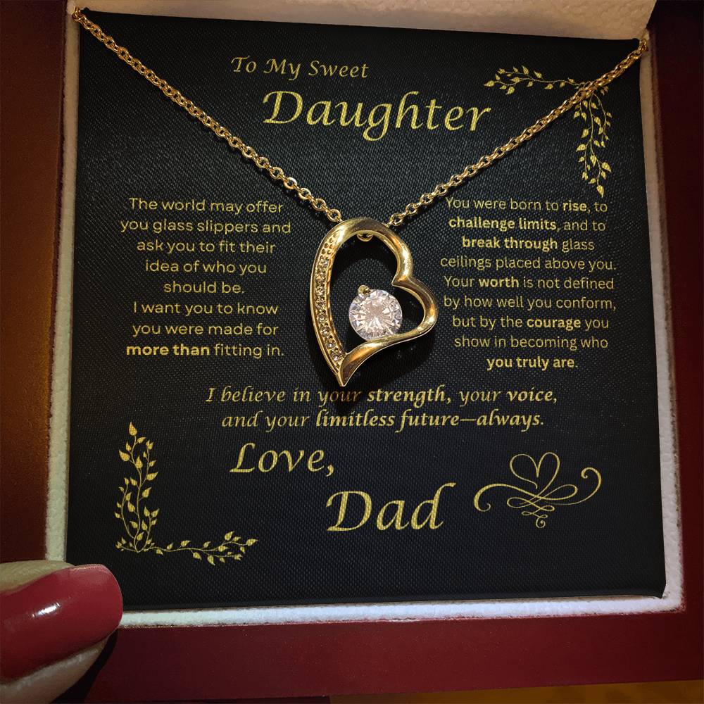 The world may ask her to fit in… I want my daughter to rise and break ceilings. Heart and Crystals necklace. Black card design