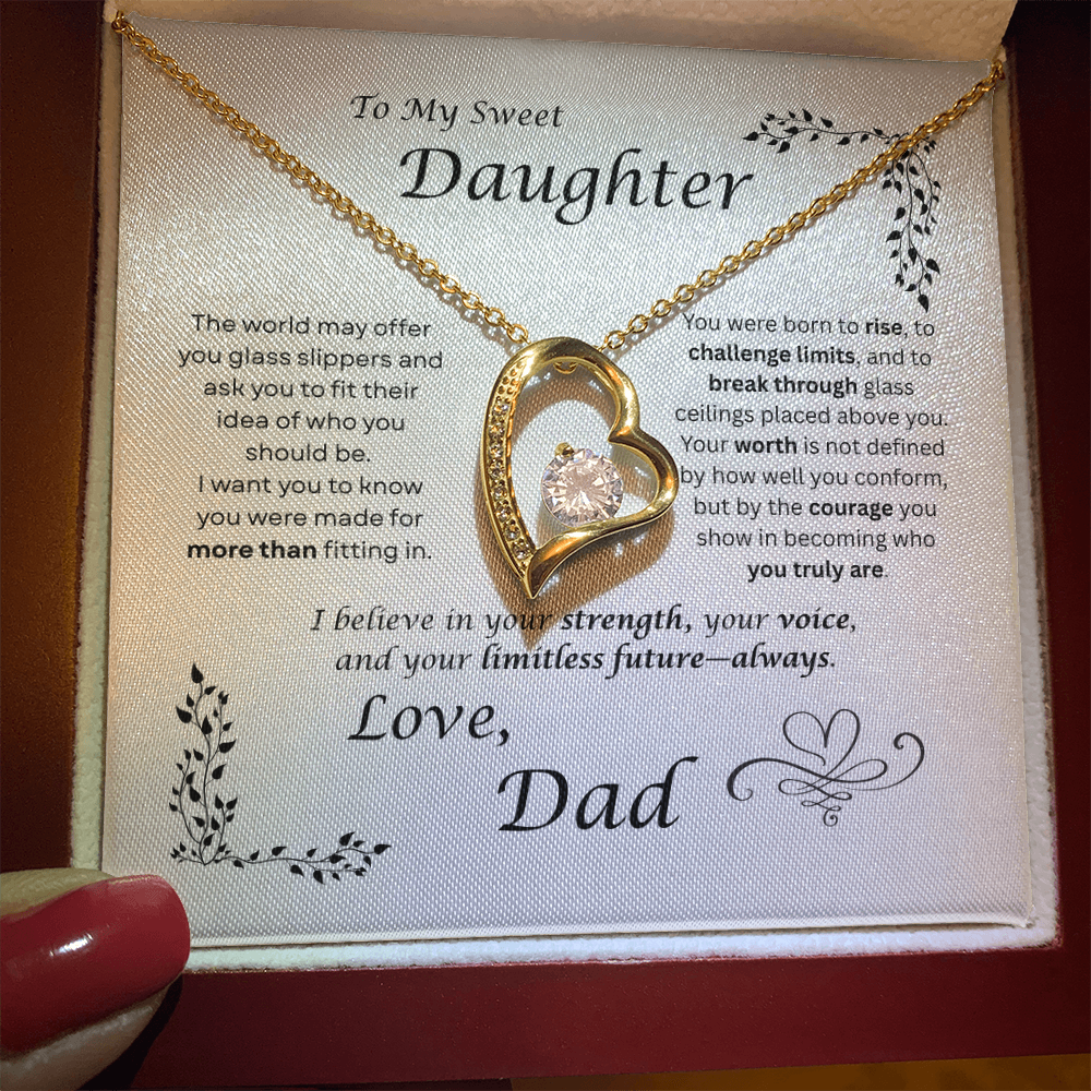 The world may ask her to fit in… I want my daughter to rise and break ceilings. Heart and Crystals necklace. White card design