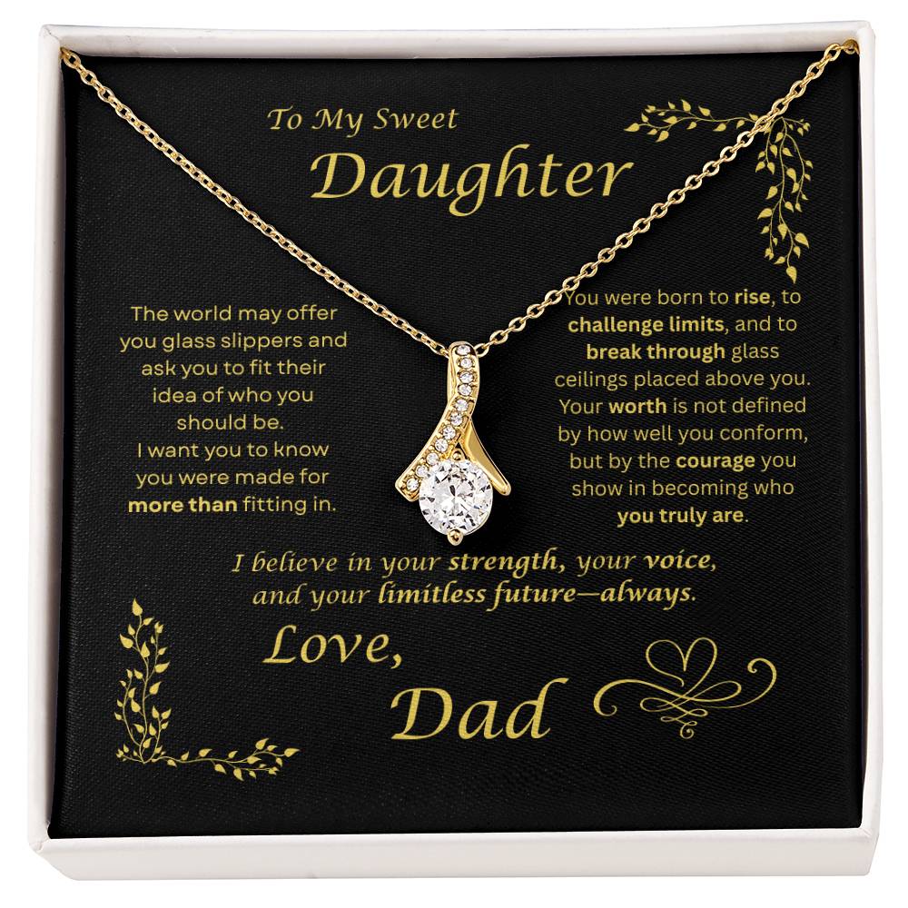 The world may ask her to fit in… I want my daughter to rise and break ceilings. Alluring Beauty necklace. Black card design