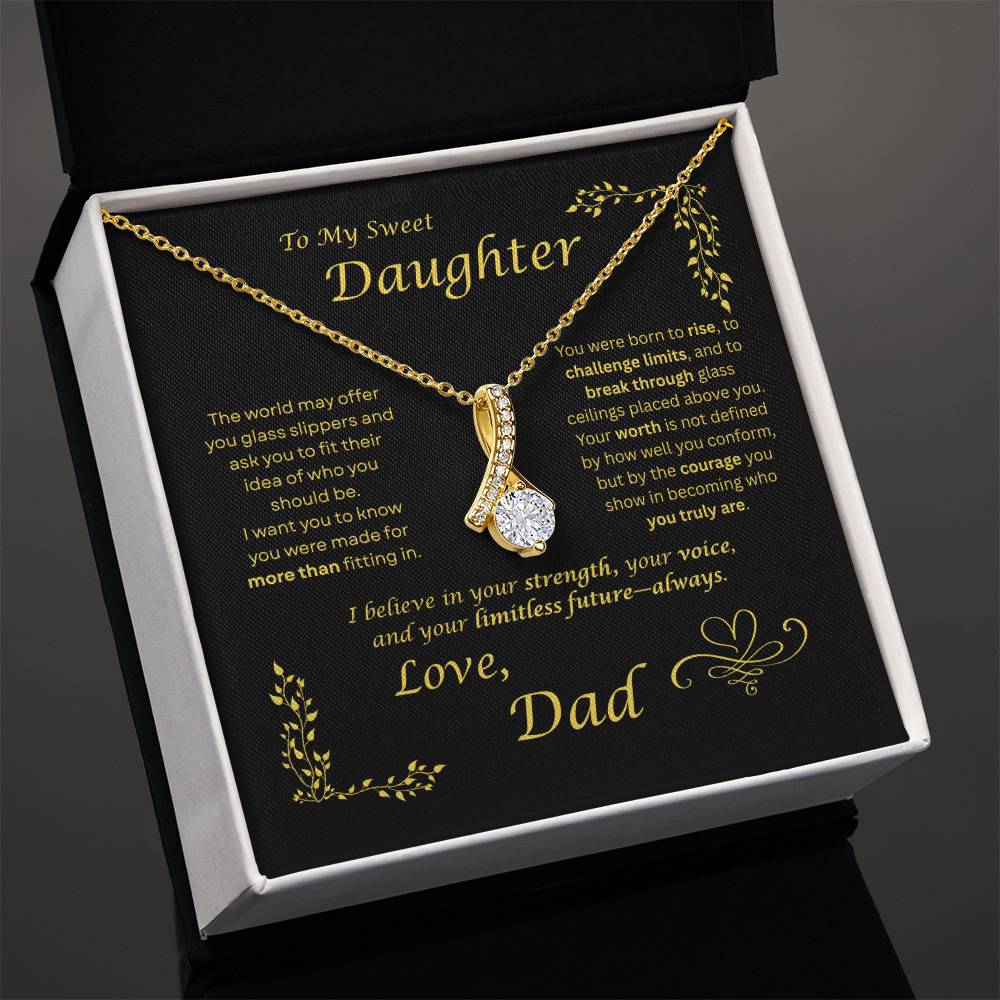 The world may ask her to fit in… I want my daughter to rise and break ceilings. Alluring Beauty necklace. Black card design