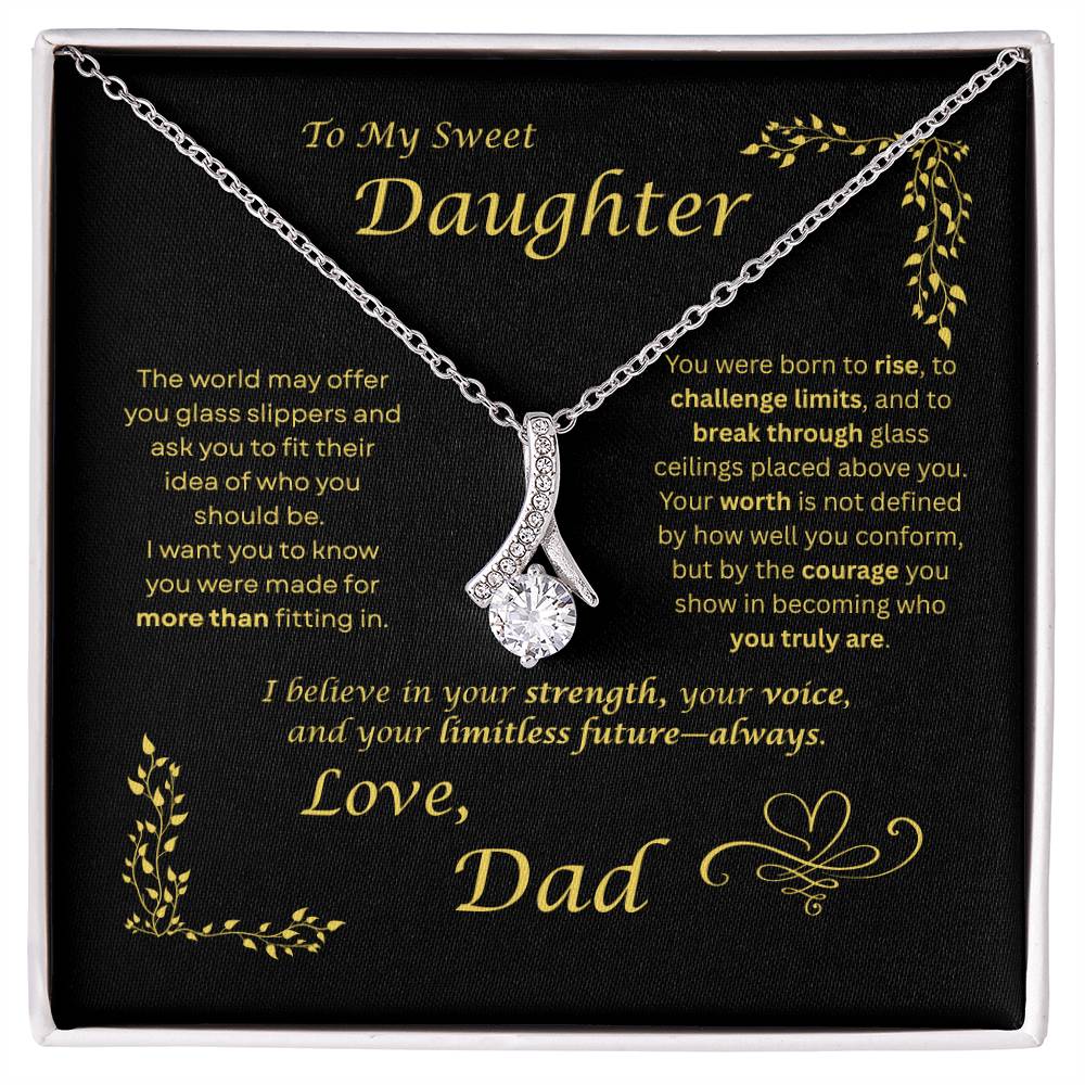 The world may ask her to fit in… I want my daughter to rise and break ceilings. Alluring Beauty necklace. Black card design