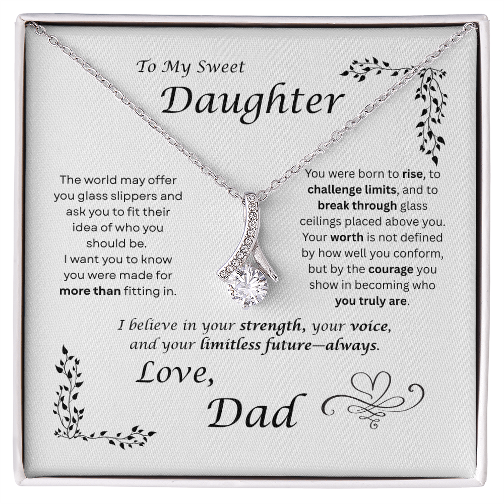 The world may ask her to fit in… I want my daughter to rise and break ceilings. Alluring Beauty necklace. White card design