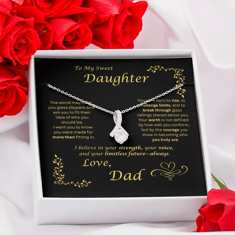 The world may ask her to fit in… I want my daughter to rise and break ceilings. Alluring Beauty necklace. Black card design
