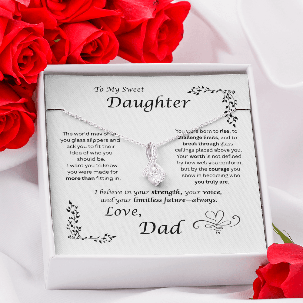 The world may ask her to fit in… I want my daughter to rise and break ceilings. Alluring Beauty necklace. White card design