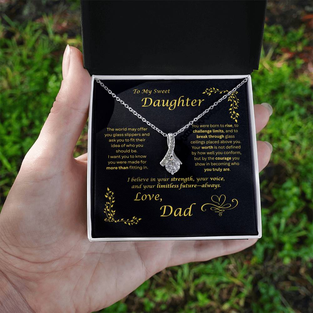 The world may ask her to fit in… I want my daughter to rise and break ceilings. Alluring Beauty necklace. Black card design