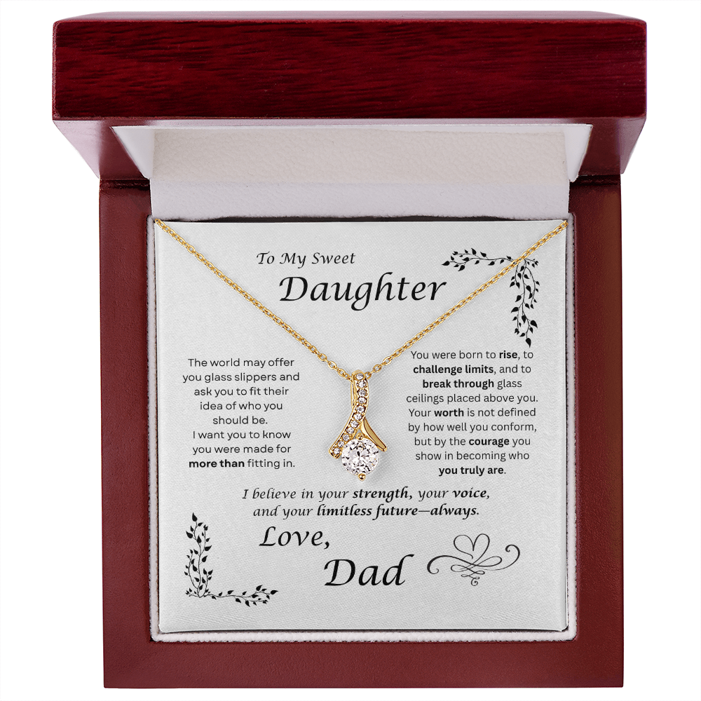 The world may ask her to fit in… I want my daughter to rise and break ceilings. Alluring Beauty necklace. White card design