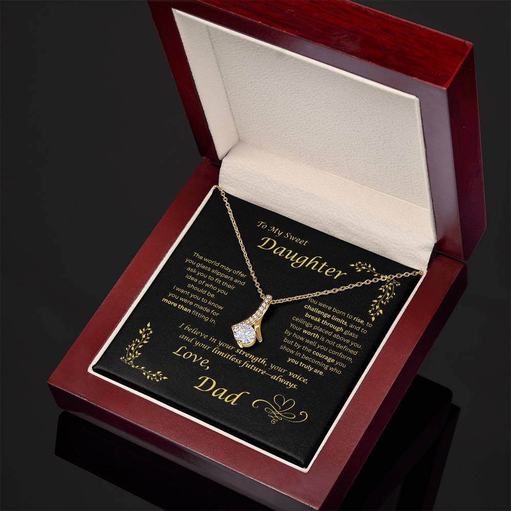 The world may ask her to fit in… I want my daughter to rise and break ceilings. Alluring Beauty necklace. Black card design