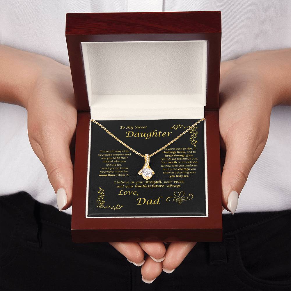 The world may ask her to fit in… I want my daughter to rise and break ceilings. Alluring Beauty necklace. Black card design