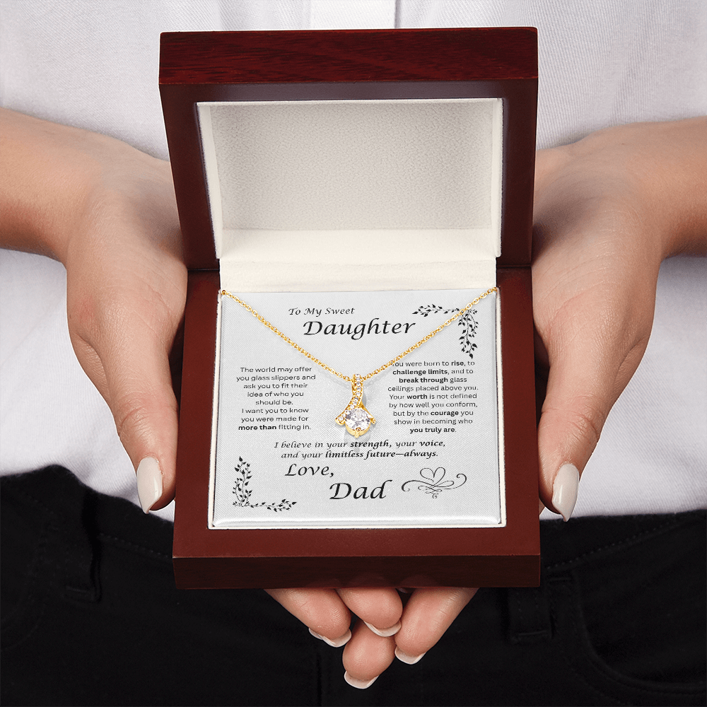 The world may ask her to fit in… I want my daughter to rise and break ceilings. Alluring Beauty necklace. White card design
