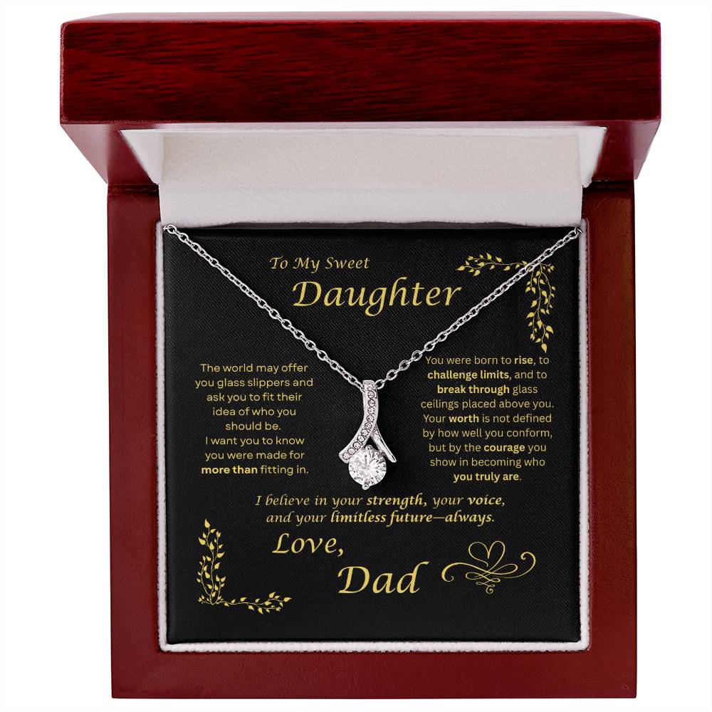 The world may ask her to fit in… I want my daughter to rise and break ceilings. Alluring Beauty necklace. Black card design