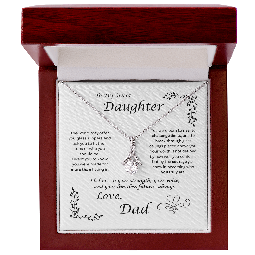 The world may ask her to fit in… I want my daughter to rise and break ceilings. Alluring Beauty necklace. White card design