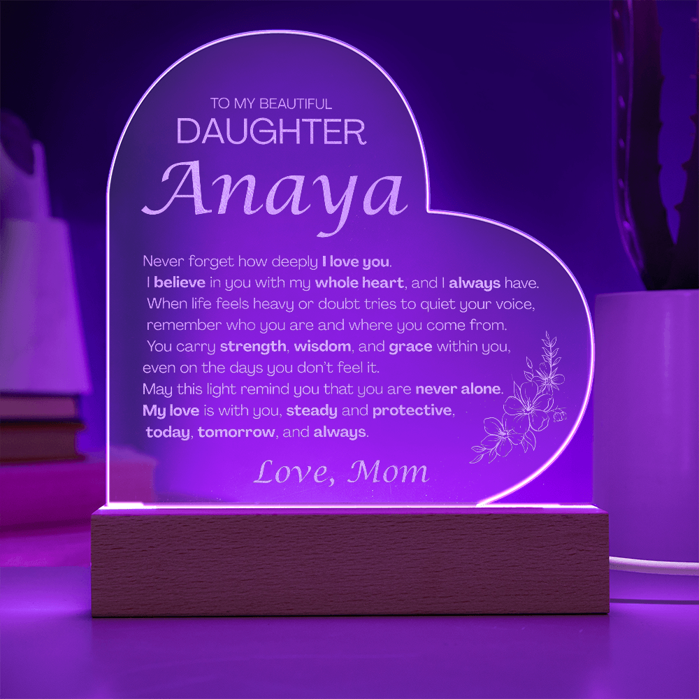 Custom To My Daughter Night Light from Mom, Personalized Heart-Shaped 3D Acrylic LED Lamp, Meaningful Birthday Gift for Daughter, Custom Keepsake Light