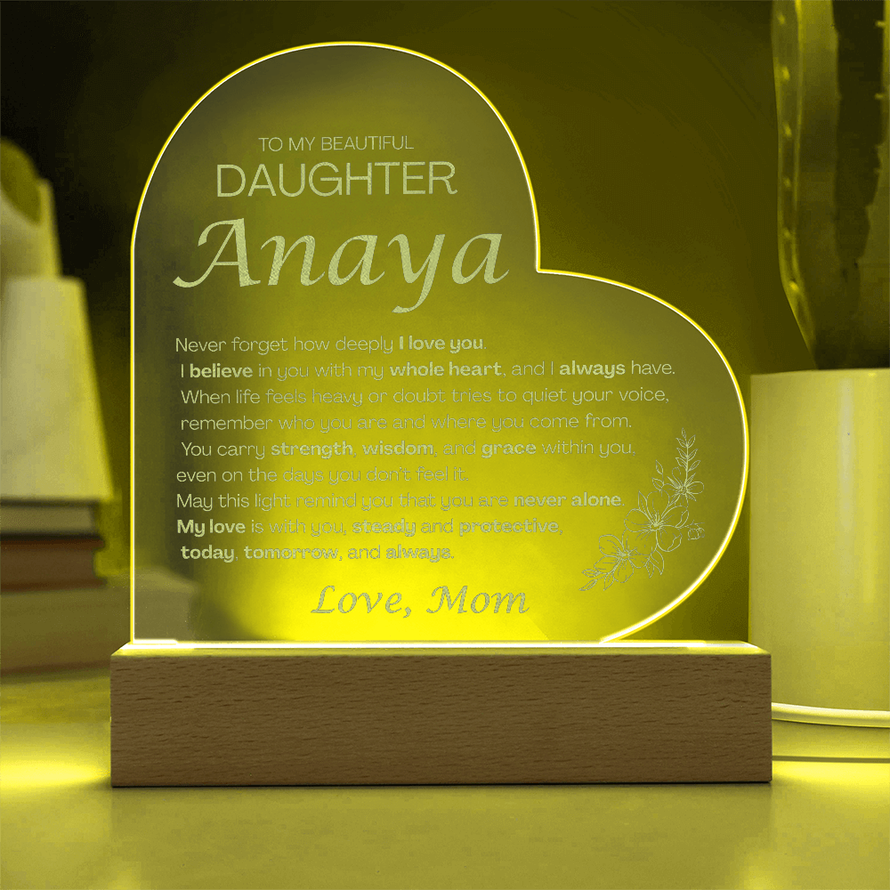 Custom To My Daughter Night Light from Mom, Personalized Heart-Shaped 3D Acrylic LED Lamp, Meaningful Birthday Gift for Daughter, Custom Keepsake Light