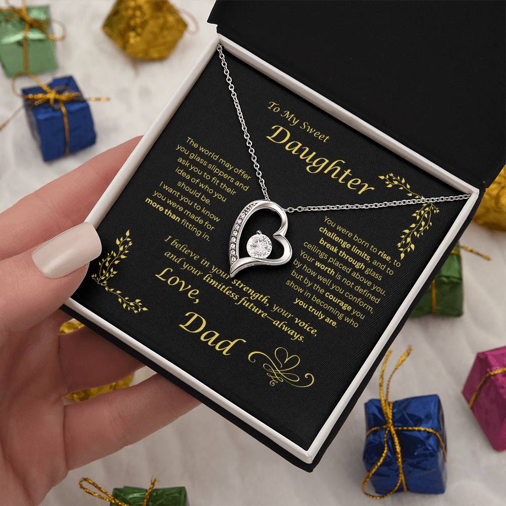 The world may ask her to fit in… I want my daughter to rise and break ceilings. Heart and Crystals necklace. Black card design