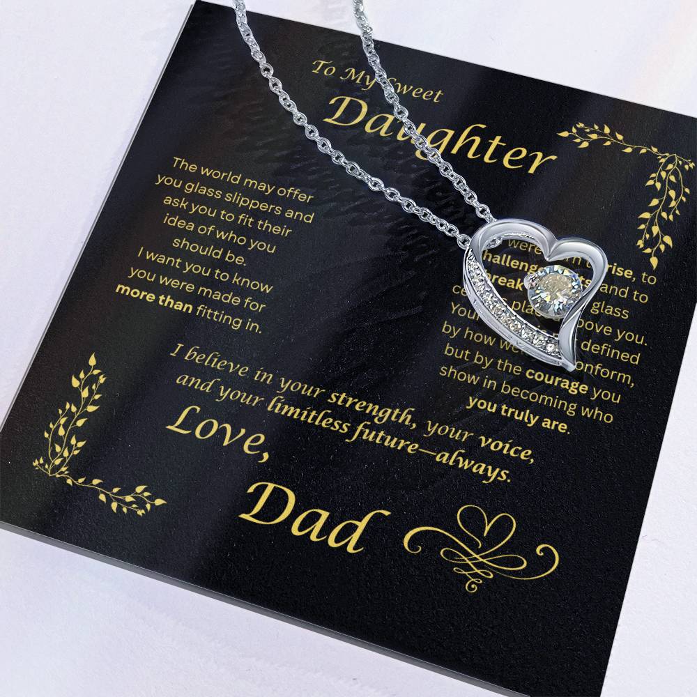 The world may ask her to fit in… I want my daughter to rise and break ceilings. Heart and Crystals necklace. Black card design