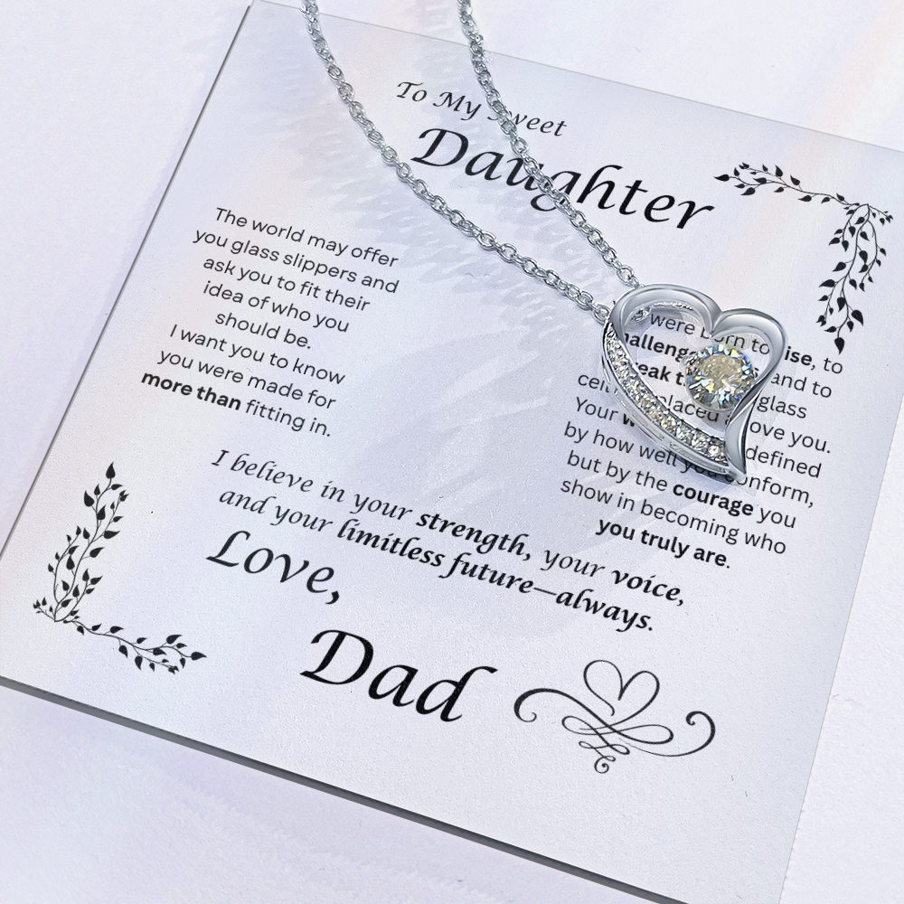 The world may ask her to fit in… I want my daughter to rise and break ceilings. Heart and Crystals necklace. White card design