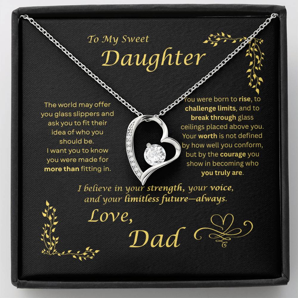 The world may ask her to fit in… I want my daughter to rise and break ceilings. Heart and Crystals necklace. Black card design