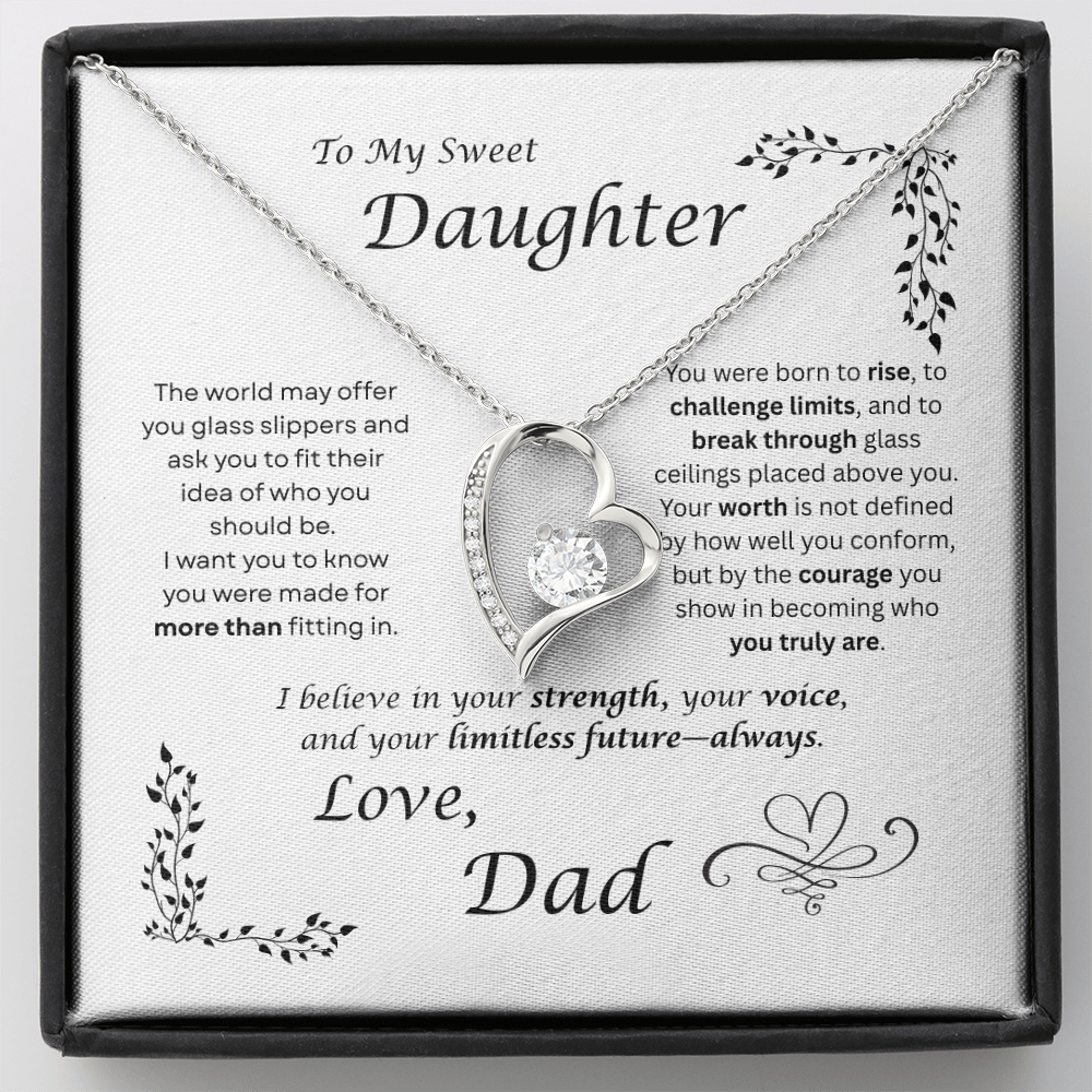 The world may ask her to fit in… I want my daughter to rise and break ceilings. Heart and Crystals necklace. White card design