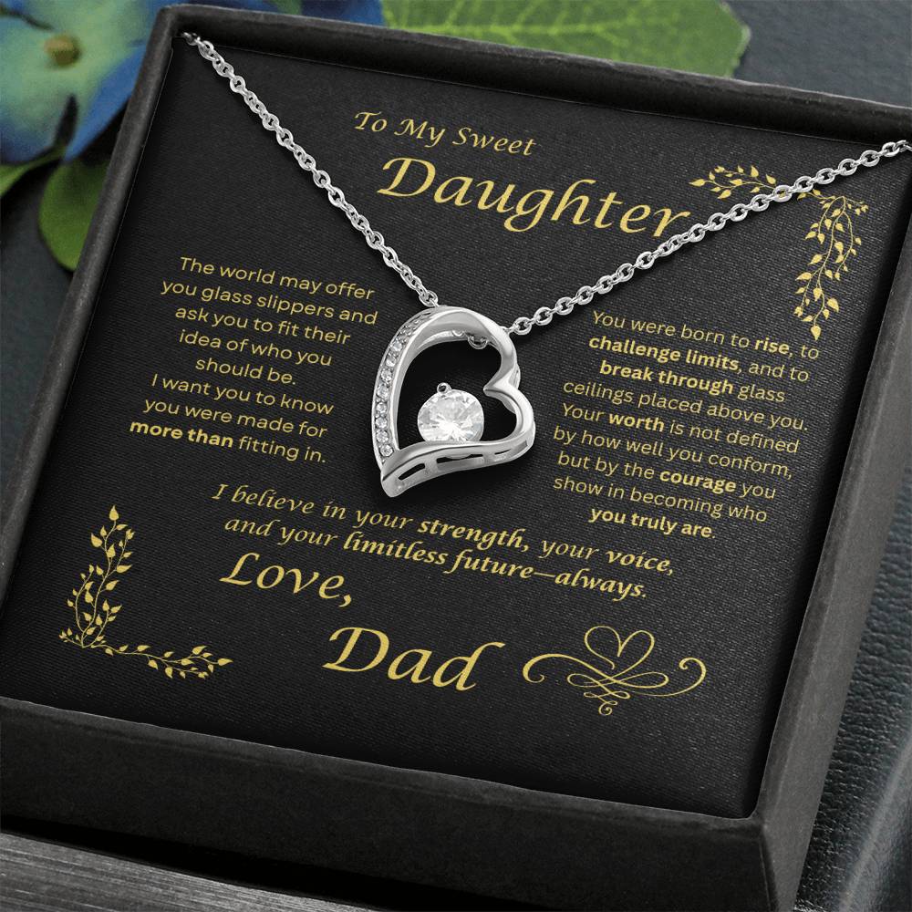 The world may ask her to fit in… I want my daughter to rise and break ceilings. Heart and Crystals necklace. Black card design