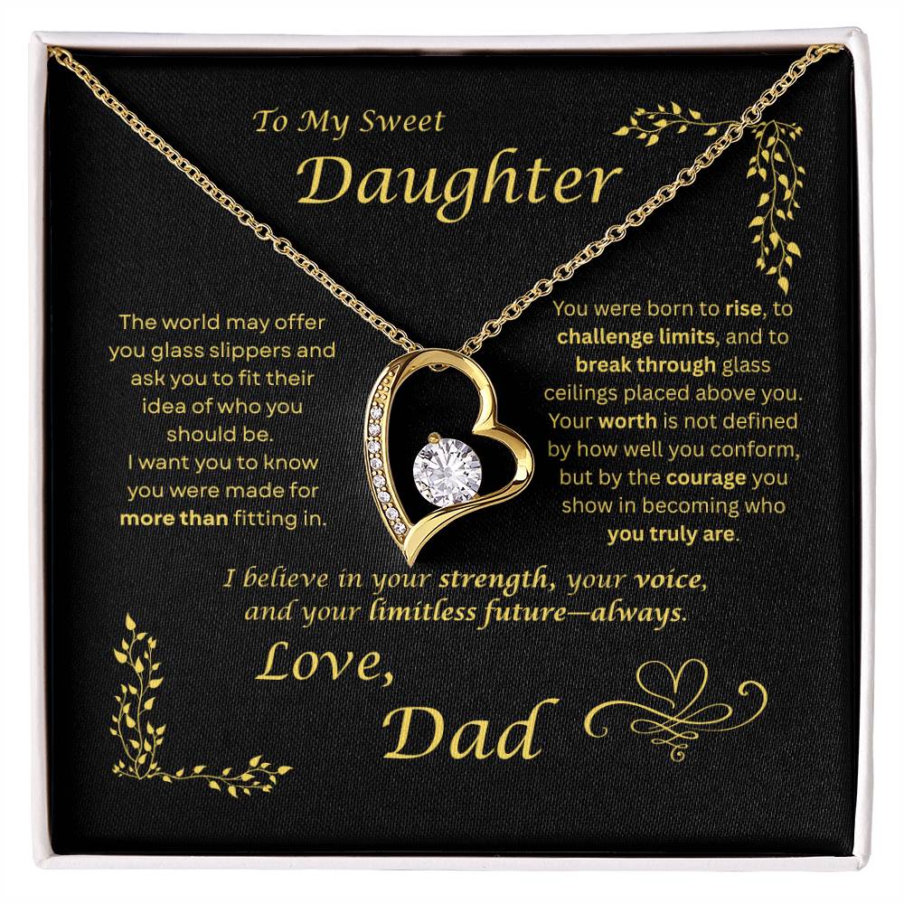 The world may ask her to fit in… I want my daughter to rise and break ceilings. Heart and Crystals necklace. Black card design