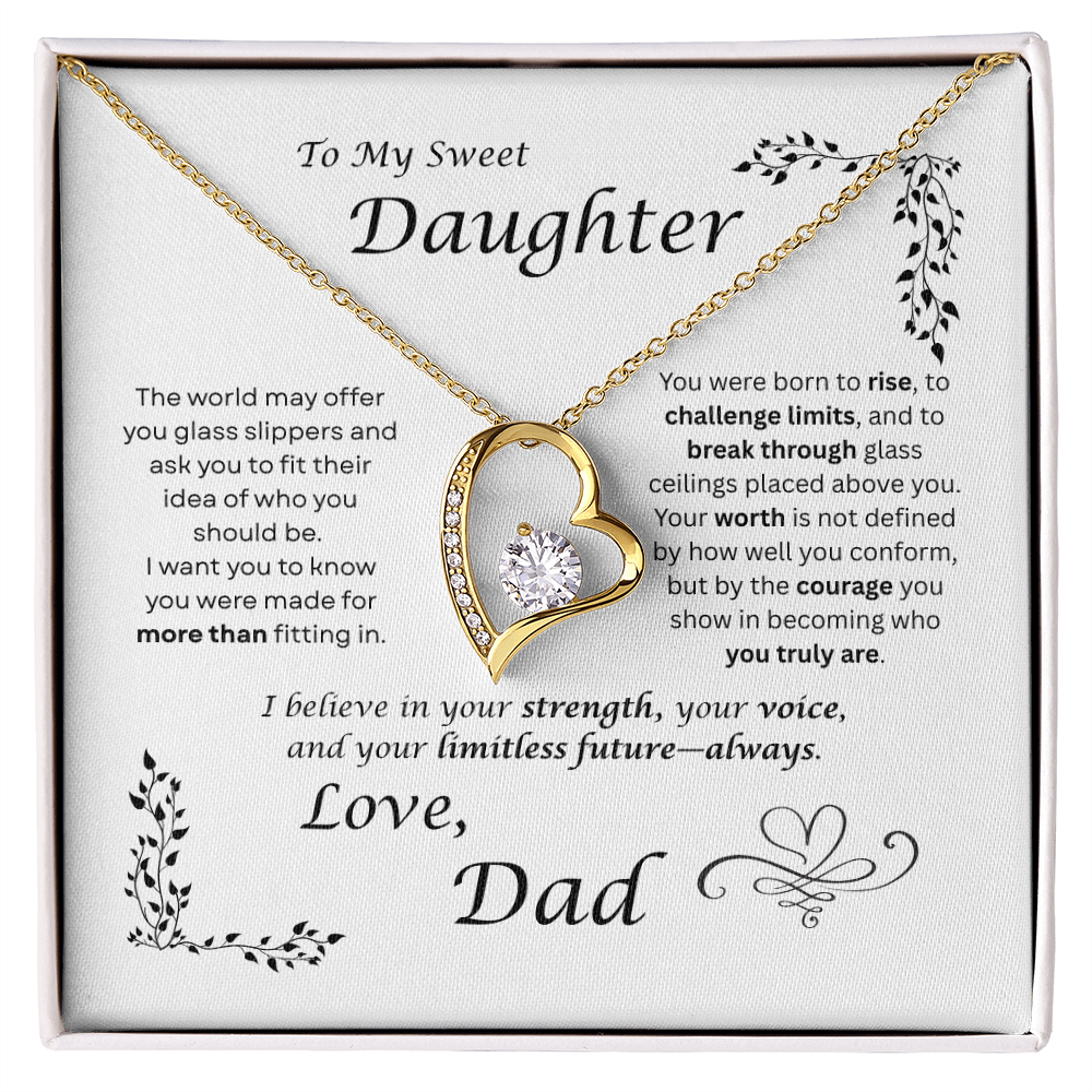 The world may ask her to fit in… I want my daughter to rise and break ceilings. Heart and Crystals necklace. White card design