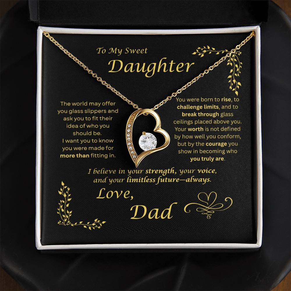 The world may ask her to fit in… I want my daughter to rise and break ceilings. Heart and Crystals necklace. Black card design