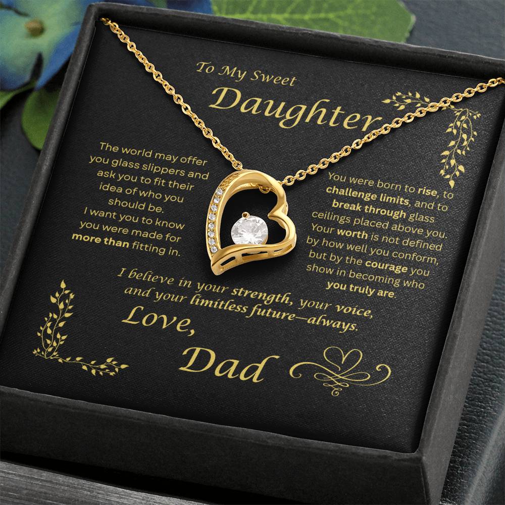 The world may ask her to fit in… I want my daughter to rise and break ceilings. Heart and Crystals necklace. Black card design