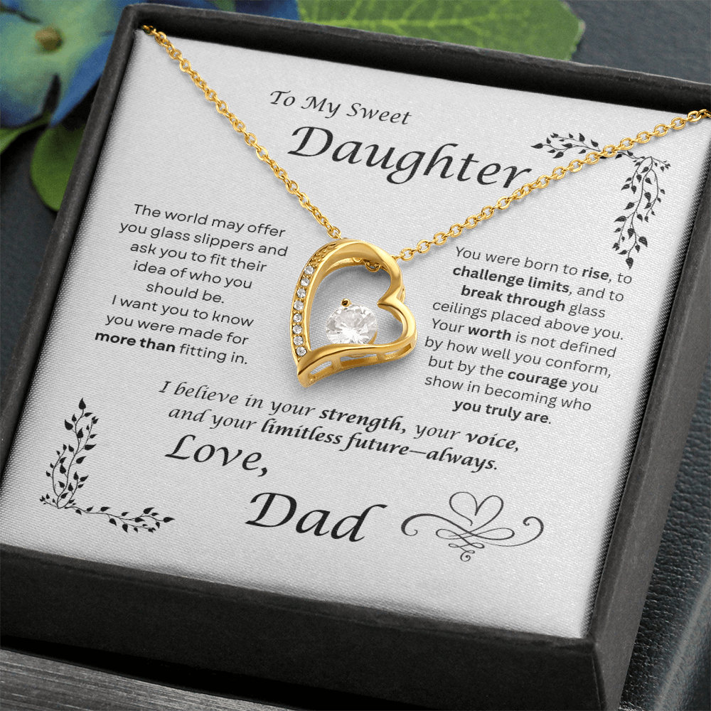 The world may ask her to fit in… I want my daughter to rise and break ceilings. Heart and Crystals necklace. White card design