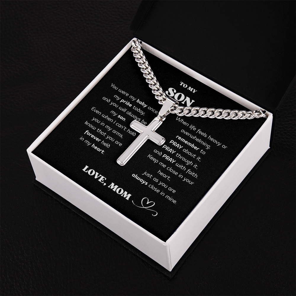 “To My Son” Cross Necklace – Stainless Steel Faith Pendant, Gift Box & Message Card, Birthday • Christmas • Valentine's Day Gift