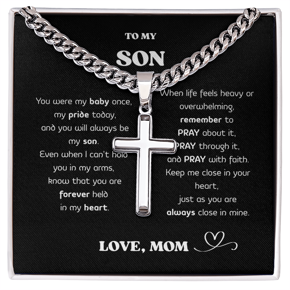 “To My Son” Cross Necklace – Stainless Steel Faith Pendant, Gift Box & Message Card, Birthday • Christmas • Valentine's Day Gift