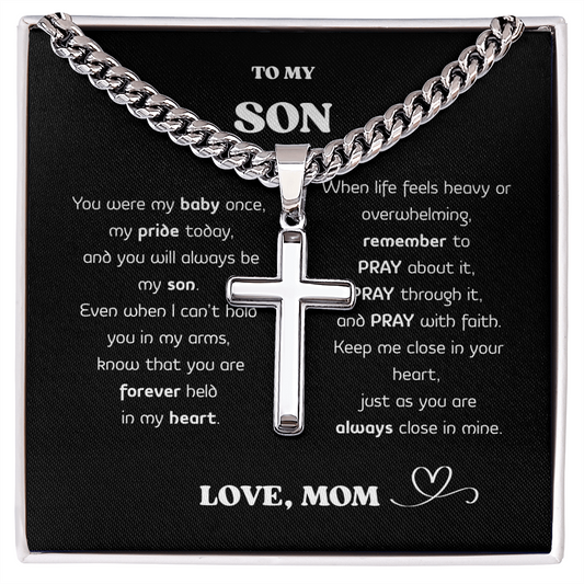 “To My Son” Cross Necklace – Stainless Steel Faith Pendant, Gift Box & Message Card, Birthday • Christmas • Valentine's Day Gift