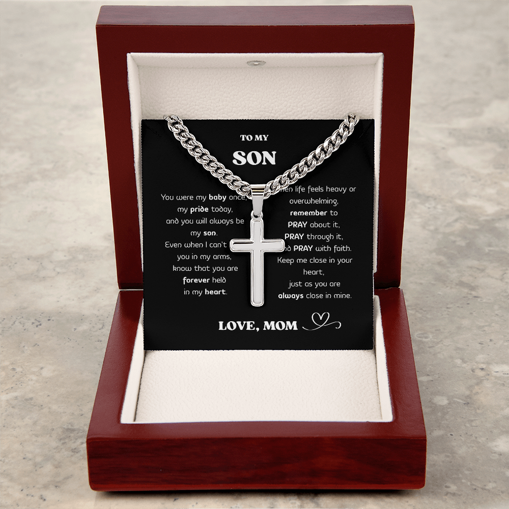 “To My Son” Cross Necklace – Stainless Steel Faith Pendant, Gift Box & Message Card, Birthday • Christmas • Valentine's Day Gift