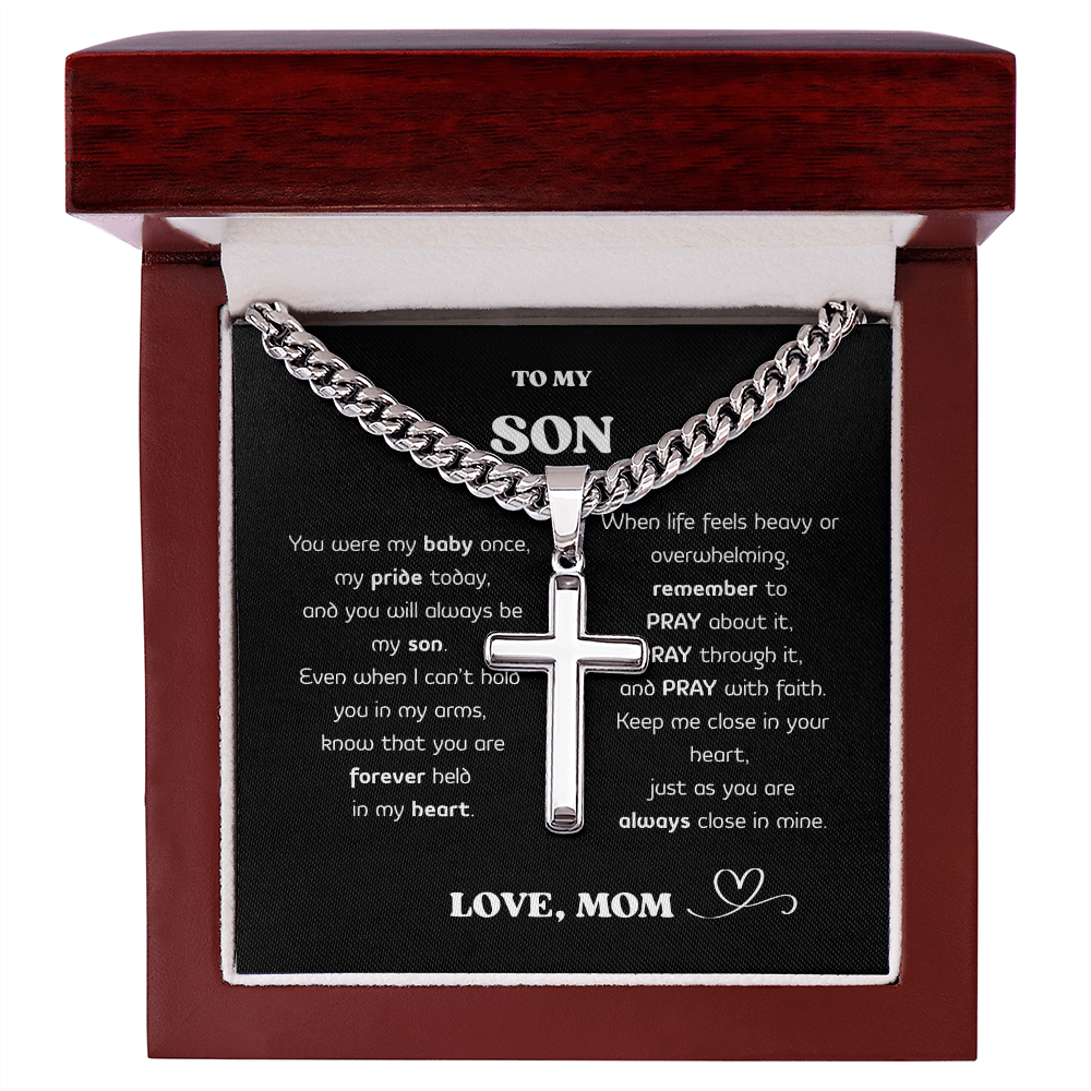 “To My Son” Cross Necklace – Stainless Steel Faith Pendant, Gift Box & Message Card, Birthday • Christmas • Valentine's Day Gift