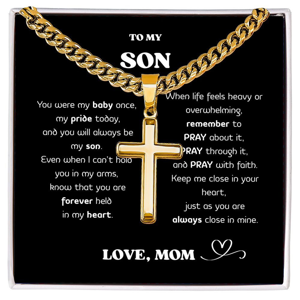 “To My Son” Cross Necklace – Stainless Steel Faith Pendant, Gift Box & Message Card, Birthday • Christmas • Valentine's Day Gift