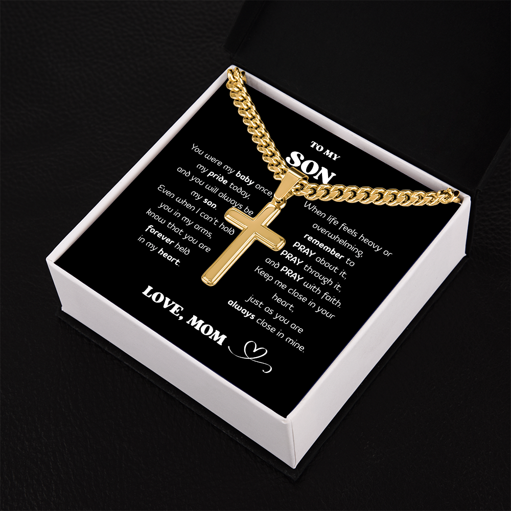 “To My Son” Cross Necklace – Stainless Steel Faith Pendant, Gift Box & Message Card, Birthday • Christmas • Valentine's Day Gift