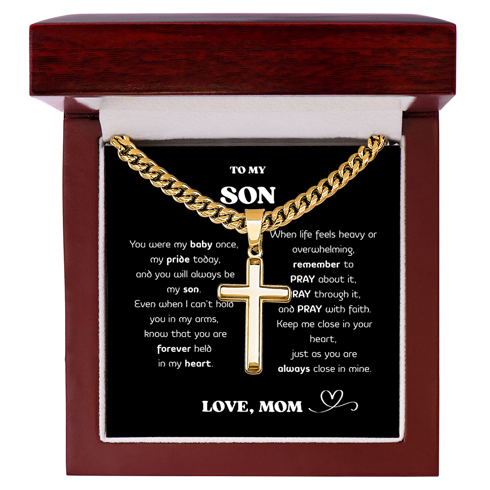 “To My Son” Cross Necklace – Stainless Steel Faith Pendant, Gift Box & Message Card, Birthday • Christmas • Valentine's Day Gift