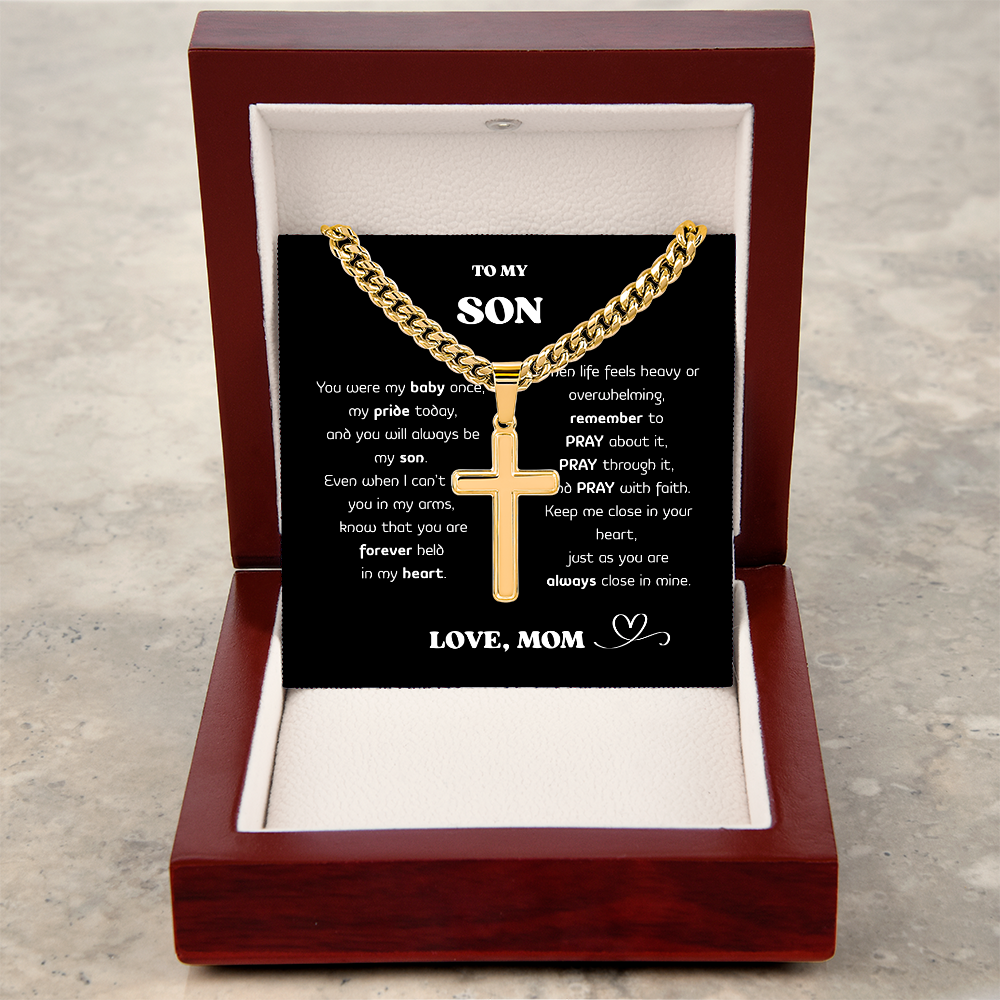 “To My Son” Cross Necklace – Stainless Steel Faith Pendant, Gift Box & Message Card, Birthday • Christmas • Valentine's Day Gift