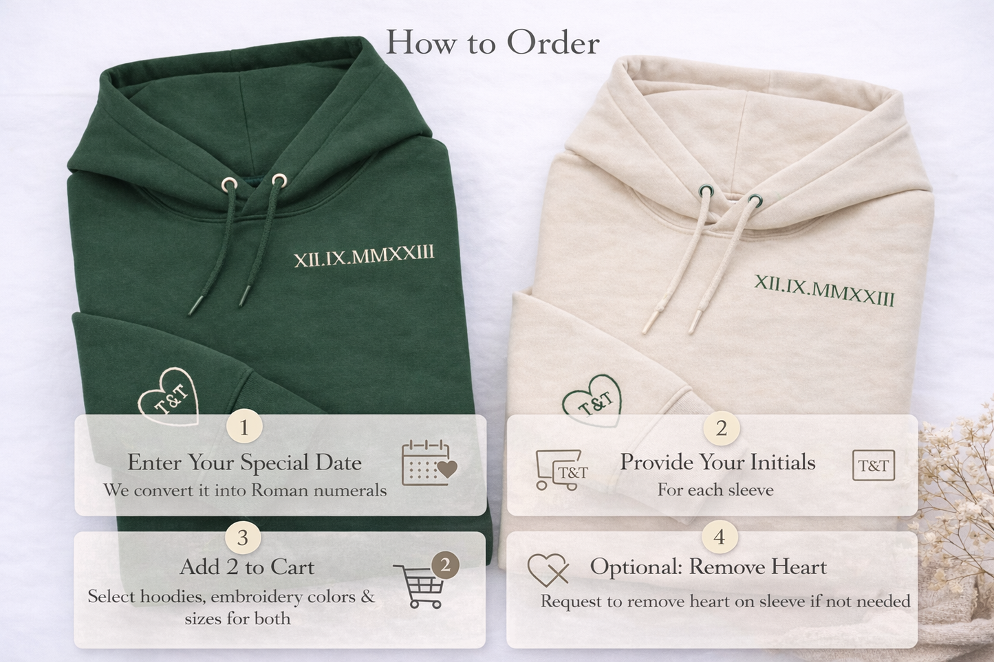 Anniversary Date Custom Embroidered Roman Numeral Hoodie, Initials, Personalized Gift for Couples, Matching His and Hers, Valentines Gift