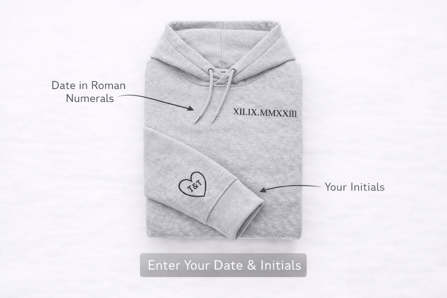 Anniversary Date Custom Embroidered Roman Numeral Hoodie, Initials, Personalized Gift for Couples, Matching His and Hers, Valentines Gift